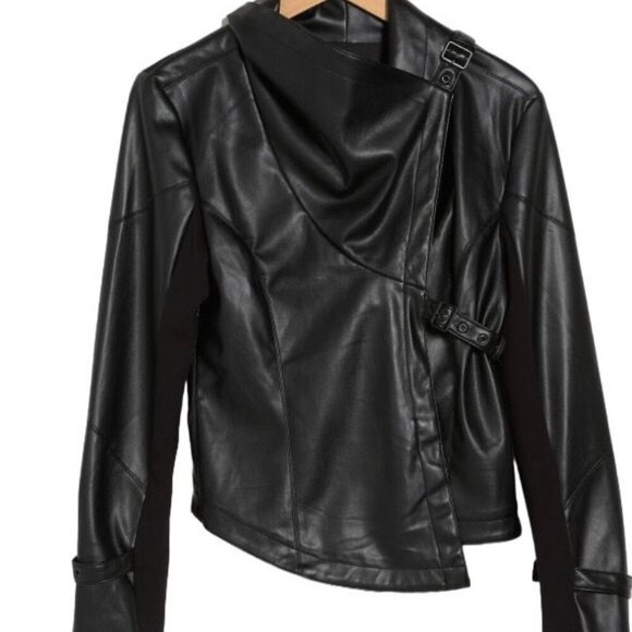 Ookie & Lala Jackets & Blazers - Ookie & Lala Womens Drape Moto Faux Leather Ponte Jacket Black Size S